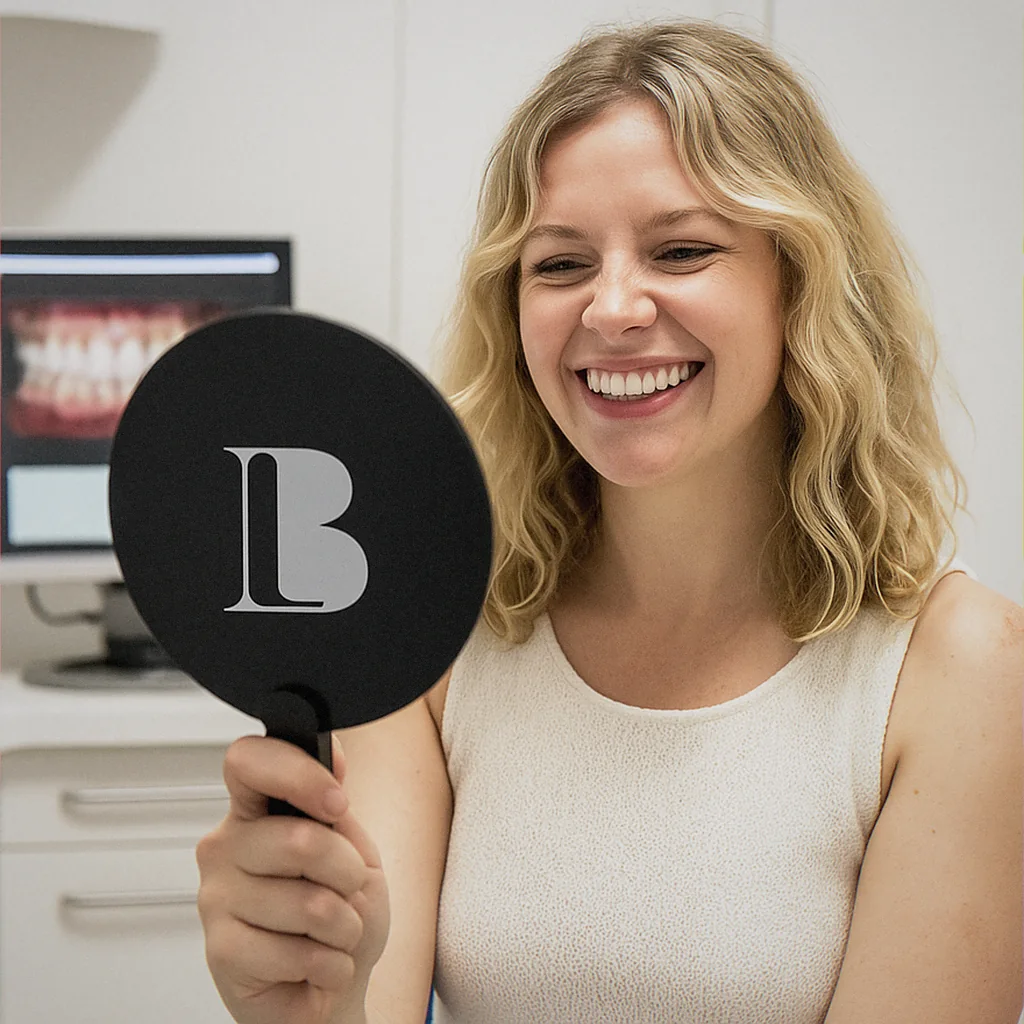 A Blue Light Dental patient smiling into a hand mirror after treatment