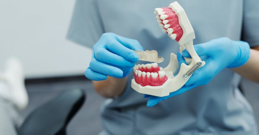 Dental professional holding a teeth model comparing dental bridges and implants