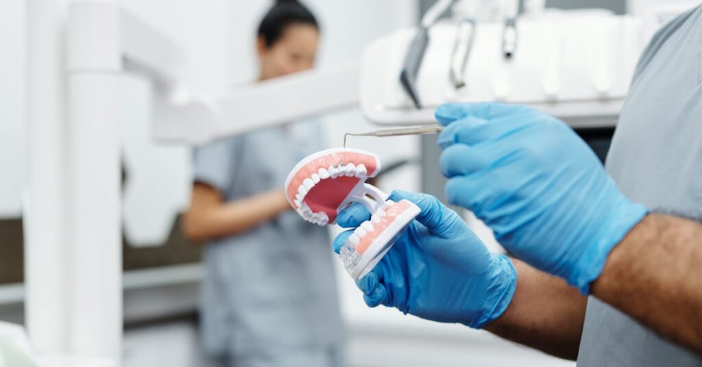 Gloved dental professional holding a teeth model demonstrating the dental implant procedure